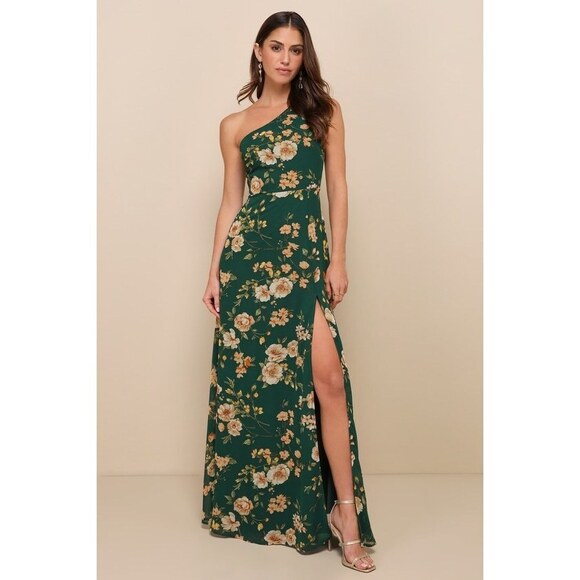 Lulus Elegant Admiration Emerald Green Floral One-shoulder Maxi Dress - Size XS - Picture 1 of 3